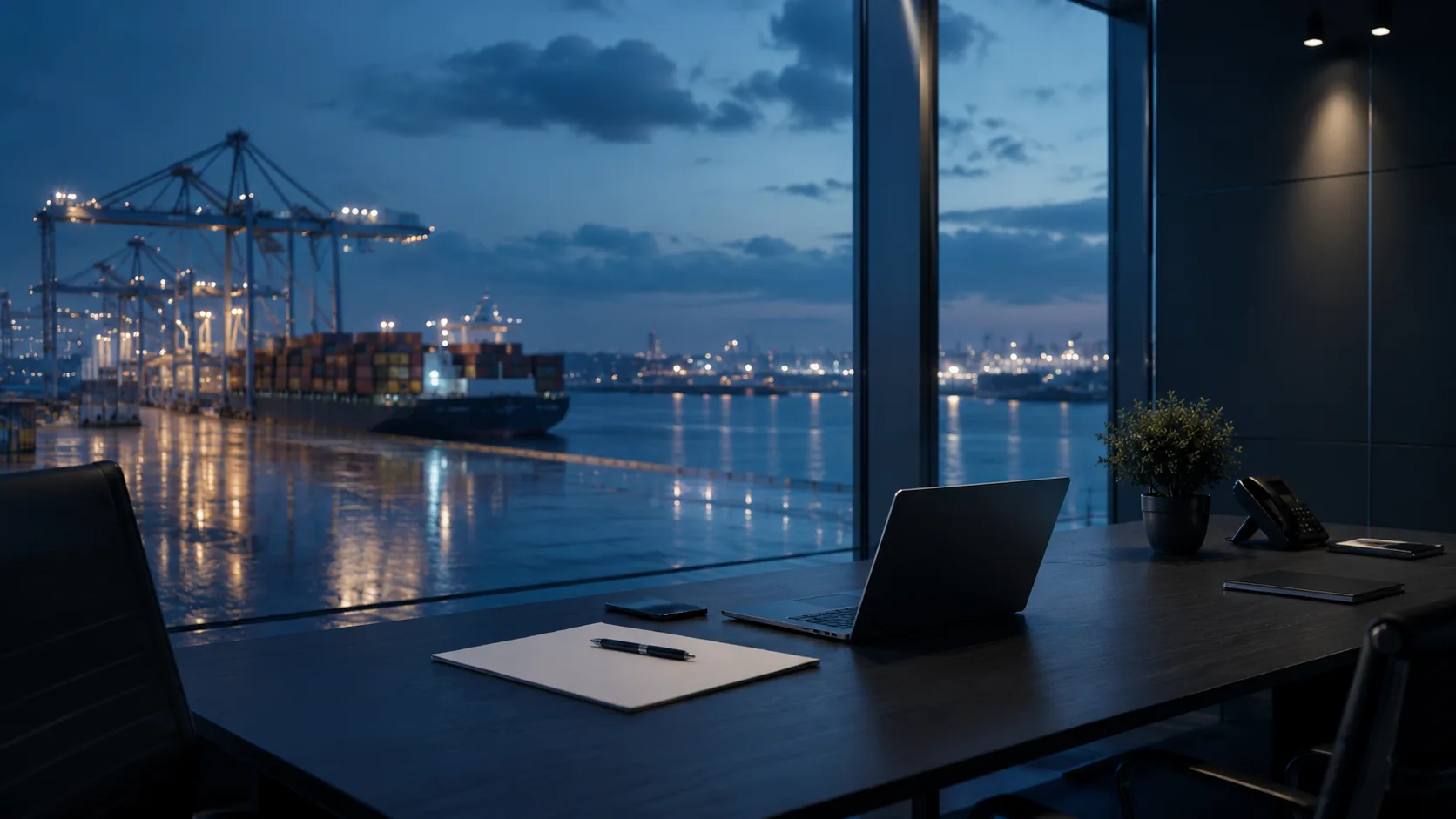 Oficina con vista a puerto comercial
